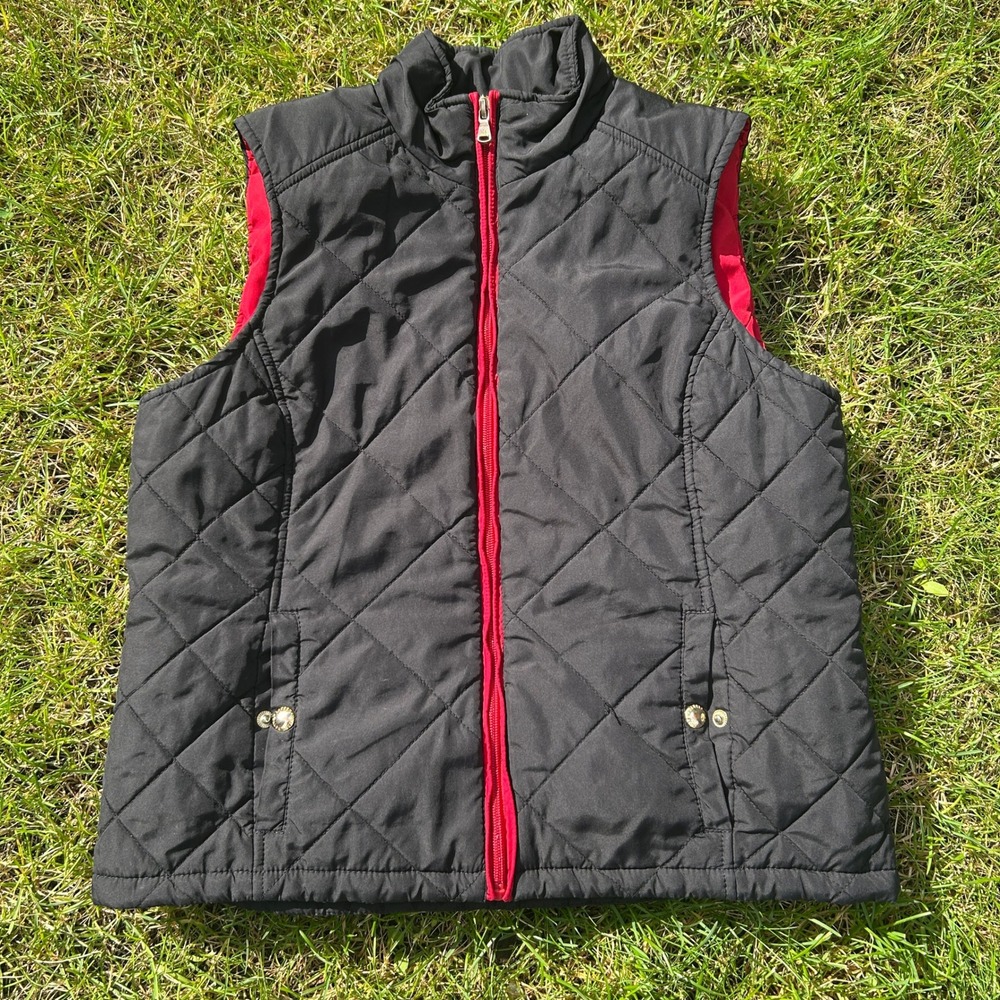 Lauren Ralph Lauren Womens Petite Quilted Vest Black Red Full Zip Mock Neck PL